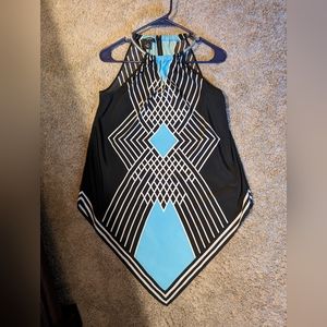 Alfani retro print top in petite small, black white and turquoise